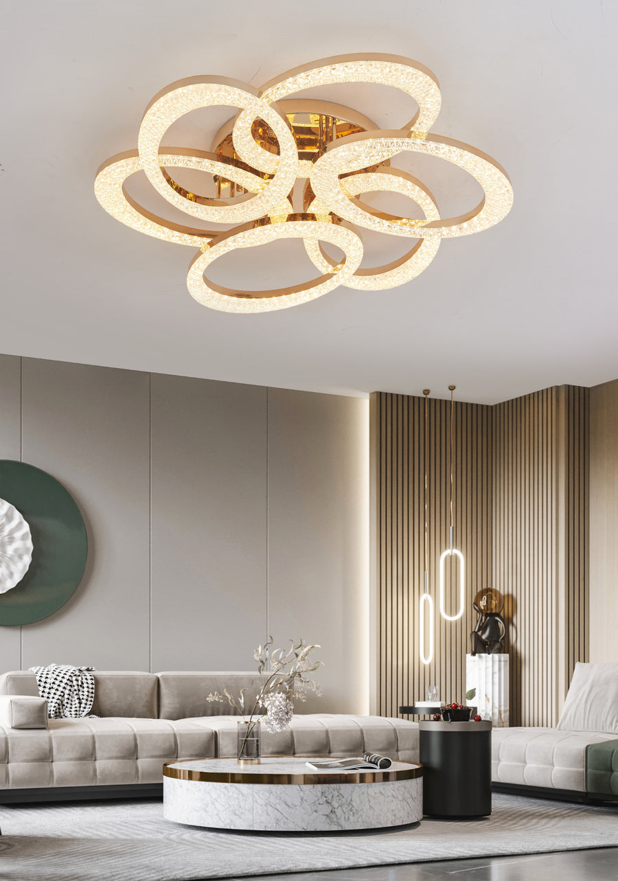 Lustra LED RFAN, Model J409/3+3, Cu Telecomanda, 3 Tipuri De Lumina, Intensitate Reglabila, 168W, Auriu