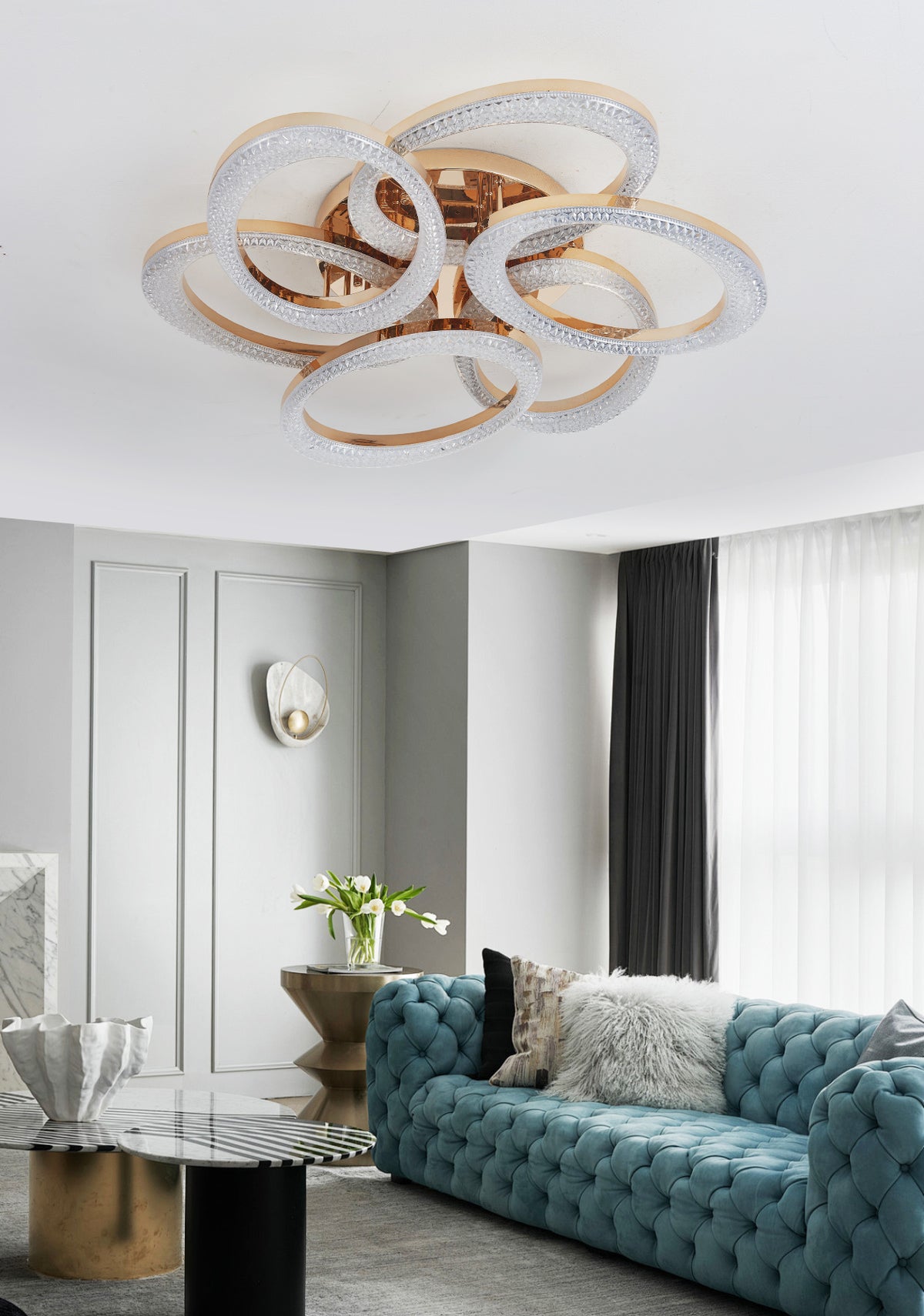 Lustra LED RFAN, Model J409/3+3, Cu Telecomanda, 3 Tipuri De Lumina, Intensitate Reglabila, 168W, Auriu