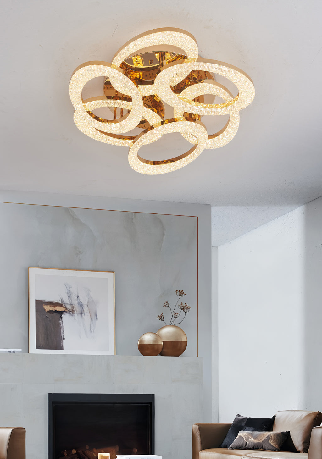 Lustra LED RFAN, Model J409/3+3, Cu Telecomanda, 3 Tipuri De Lumina, Intensitate Reglabila, 168W, Auriu