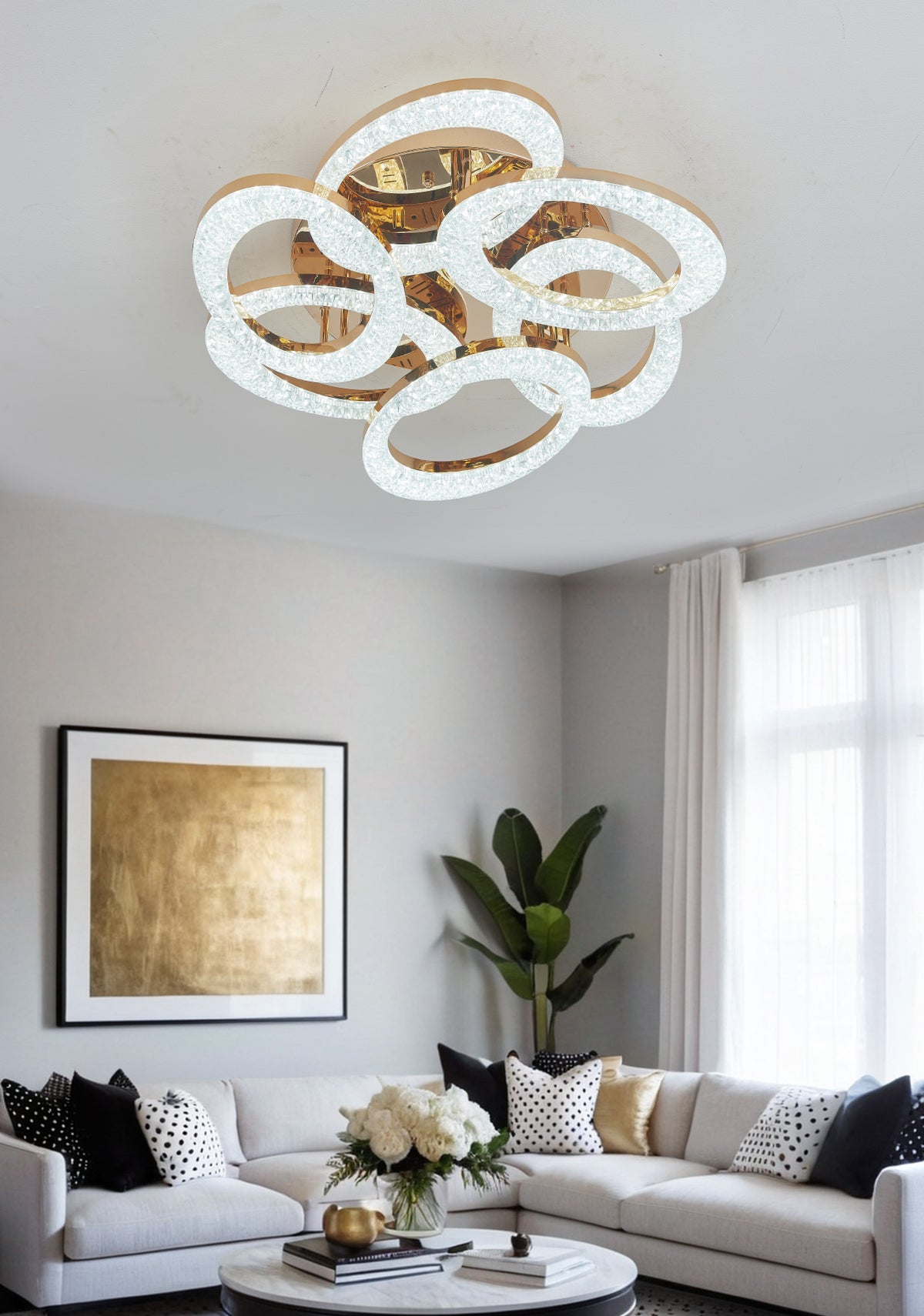 Lustra LED RFAN, Model J409/3+3, Cu Telecomanda, 3 Tipuri De Lumina, Intensitate Reglabila, 168W, Auriu