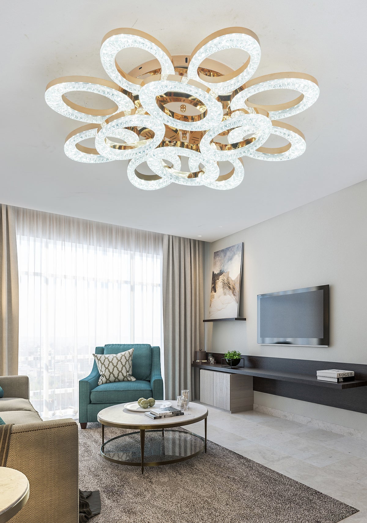 Lustra LED RFAN, Model J409/8+4, Cu Telecomanda, 3 Tipuri De Lumina, Intensitate Reglabila, 192W, Auriu