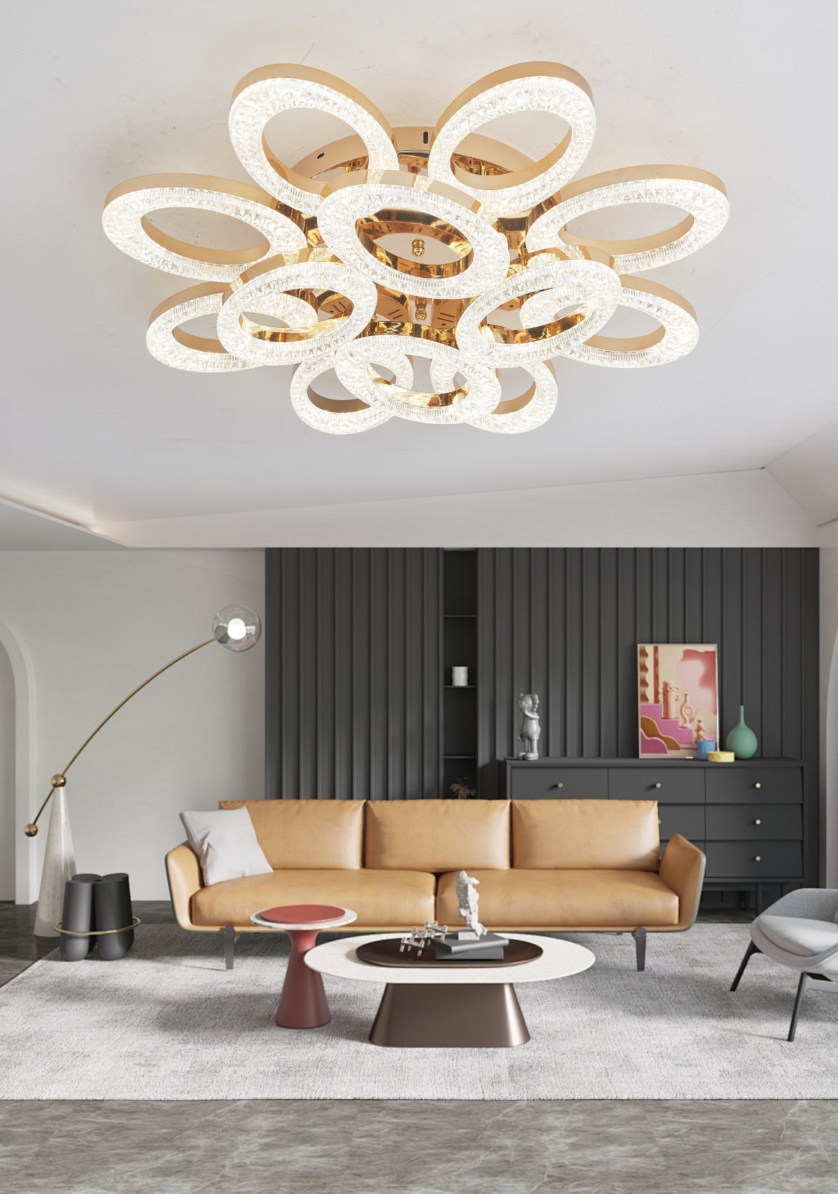 Lustra LED RFAN, Model J409/8+4, Cu Telecomanda, 3 Tipuri De Lumina, Intensitate Reglabila, 192W, Auriu