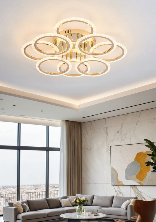 Lustra LED RFAN, Model JQ001/4+4, Cu Telecomanda, 3 Tipuri De Lumina, Intensitate Reglabila, 192W, Auriu