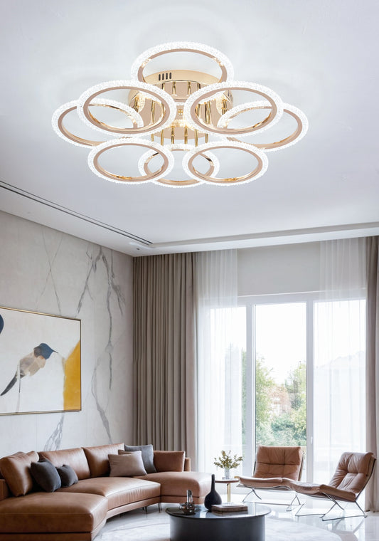 Lustra LED RFAN, Model JQ001/4+4, Cu Telecomanda, 3 Tipuri De Lumina, Intensitate Reglabila, 192W, Auriu