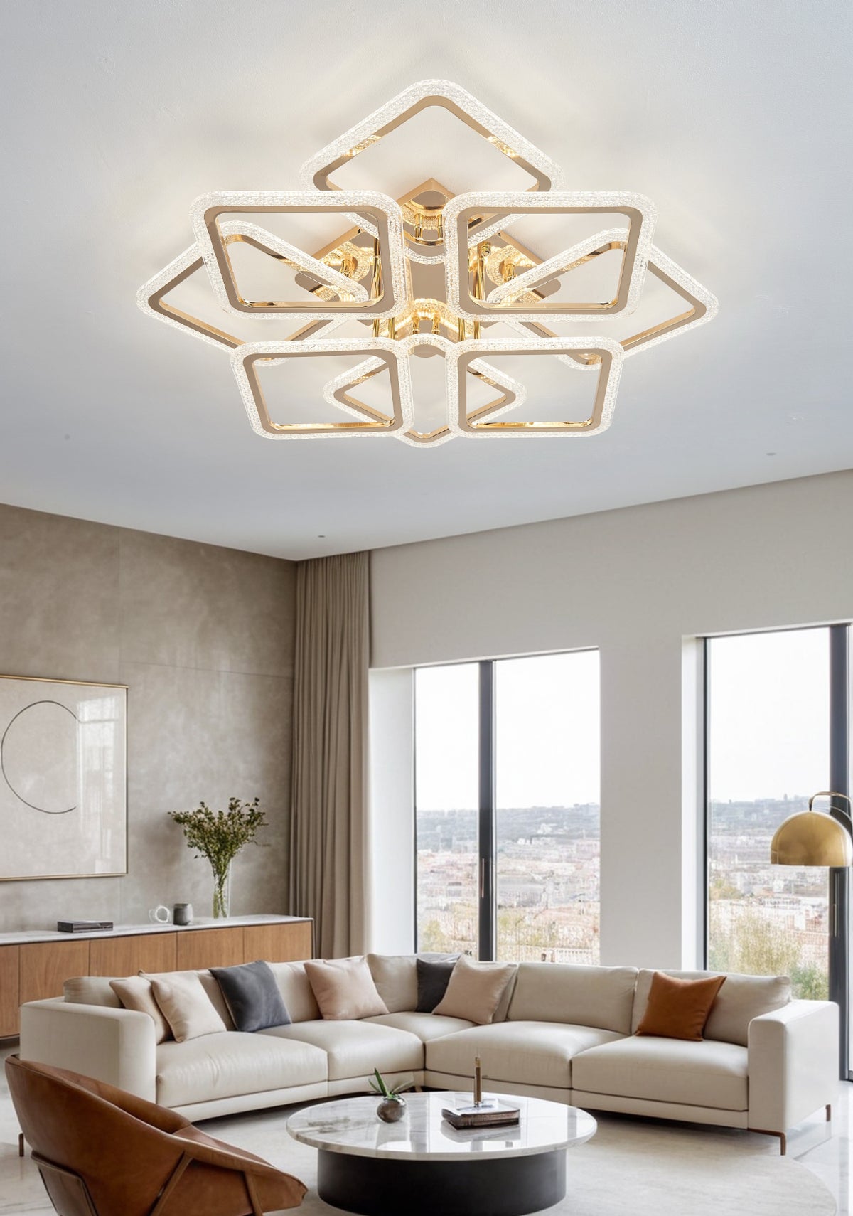 Lustra LED RFAN, Model JQ017/4+4, Cu Telecomanda, 3 Tipuri De Lumina, Intensitate Reglabila, 240W, Auriu