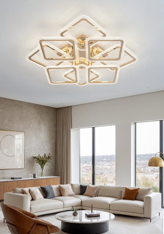 Lustra LED RFAN, Model JQ017/4+4, Cu Telecomanda, 3 Tipuri De Lumina, Intensitate Reglabila, 240W, Auriu