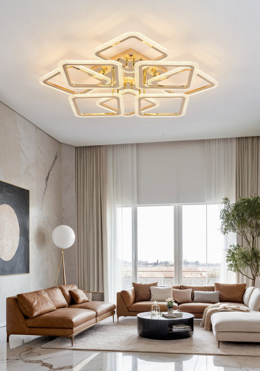 Lustra LED RFAN, Model JQ017/4+4, Cu Telecomanda, 3 Tipuri De Lumina, Intensitate Reglabila, 240W, Auriu