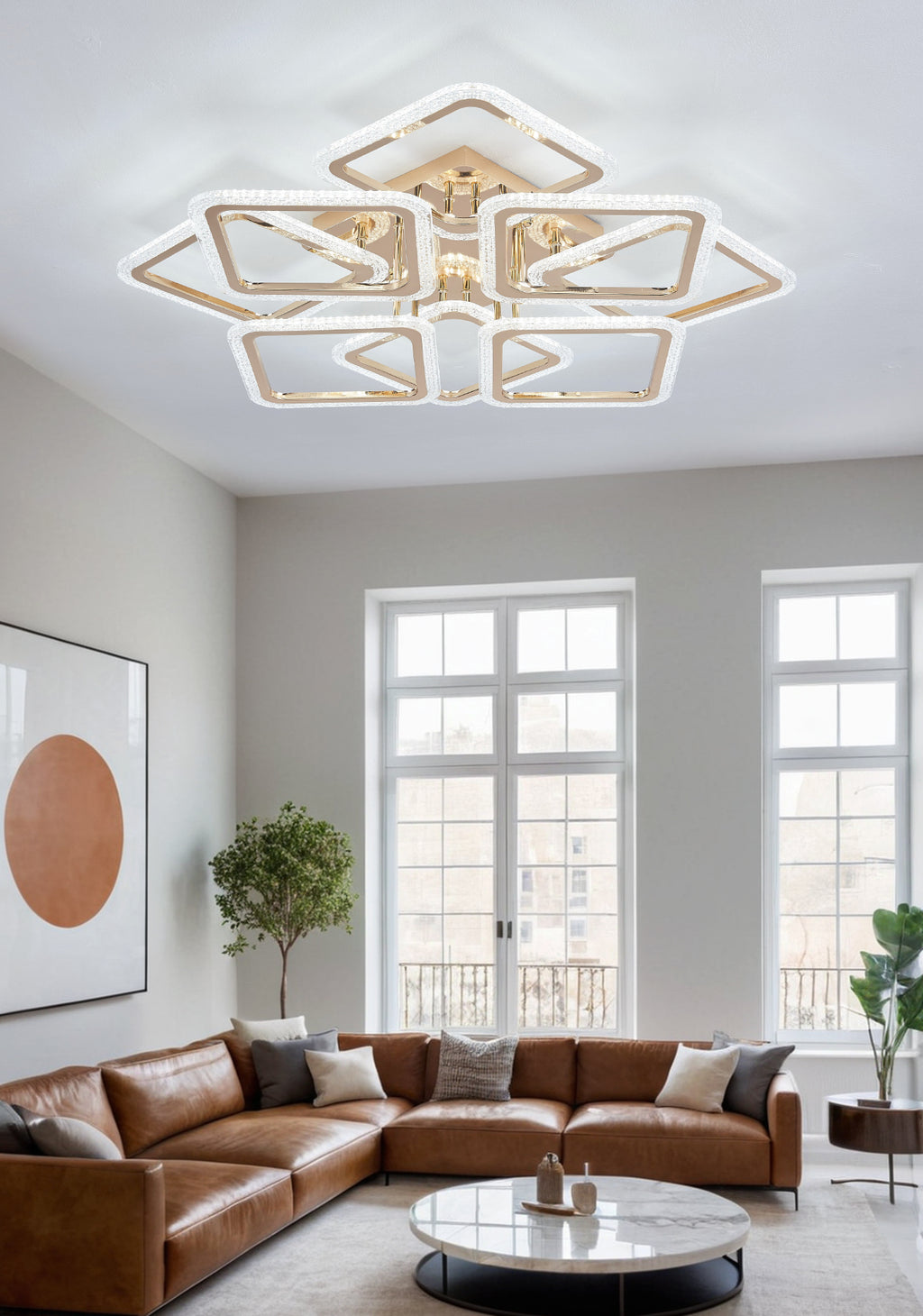 Lustra LED RFAN, Model JQ017/4+4, Cu Telecomanda, 3 Tipuri De Lumina, Intensitate Reglabila, 240W, Auriu