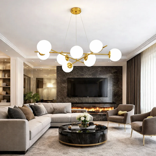 Lustra RFAN Tip Pendul, Model F0010/9, Cu 9 Abajururi, 9 X E27, Auriu/Alb