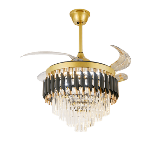 Candelabru LED RFAN, Cu Ventilator si Telecomanda, Cristal Si Metal, 72W, Negru/Auriu