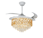 Candelabru LED RFAN, Cu Ventilator si Telecomanda, Cristal Si Metal, 72W, Alb/Auriu