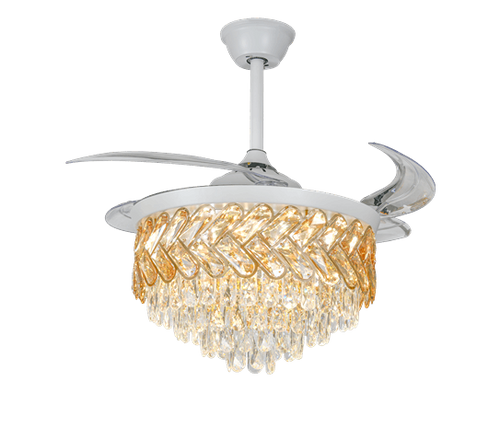 Candelabru LED RFAN, Cu Ventilator si Telecomanda, Cristal Si Metal, 72W, Alb/Auriu