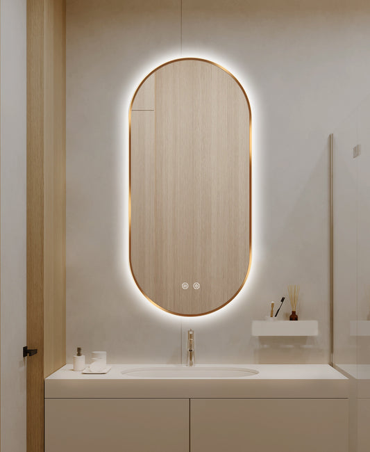 Oglinda LED Si Touch, 50 X 100 Cm, Functie Dezaburire, Rama Auriu-Bronz, Trei Tipuri Lumina, J179-50100, Smack
