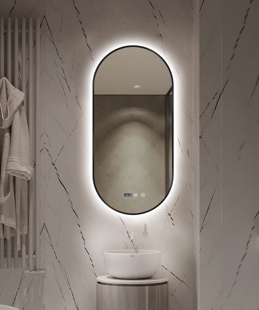 Oglinda LED si Touch, cu Functie Dezaburire si Ceas, 3 Tipuri De Lumina, Rama Negru Mat, 50 x 100 cm, J180-50100 Smack