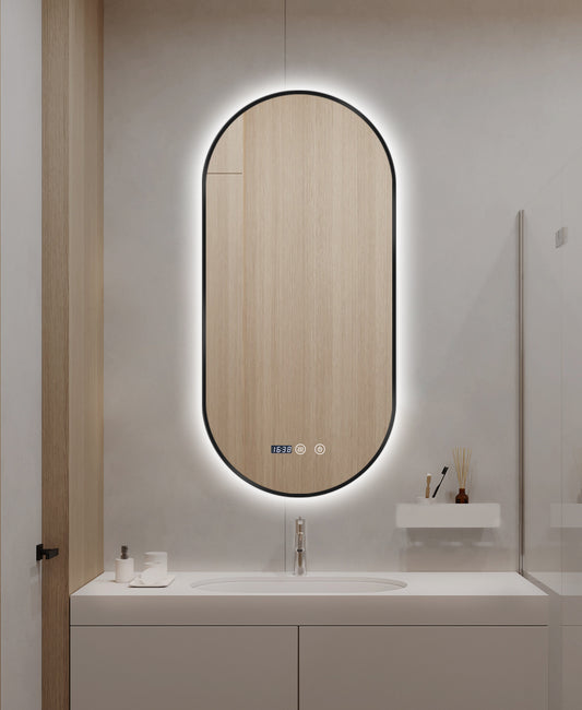 Oglinda LED si Touch, cu Functie Dezaburire si Ceas, 3 Tipuri De Lumina, Rama Negru Mat, 50 x 100 cm, J180-50100 Smack
