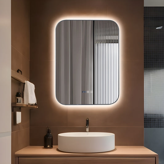 Oglinda LED Si Touch, Cu Functie Dezaburire Si Ceas, Rama Gri, 60 x 80 cm, J187 Smack