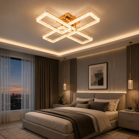 Lustra LED RFAN, Model K2552/2+2A, cu Telecomanda, 3 Tipuri de Lumina, Intensitate Reglabila, 144W, Auriu