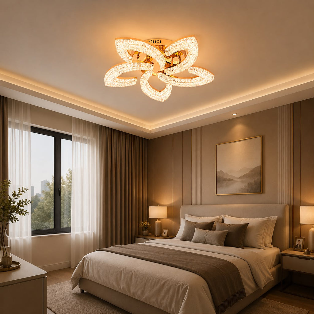 Lustra LED RFAN, Model K2558/5, cu Telecomanda, 3 Tipuri de Lumina, Intensitate Reglabila, 120W, Auriu