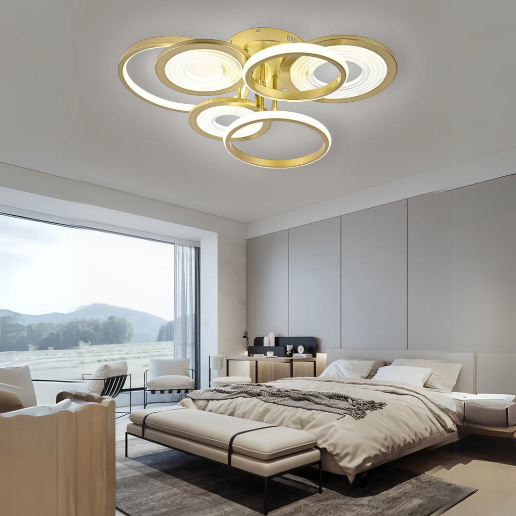 Lustra LED RFAN, Model R9033, cu Telecomanda, 3 Tipuri de Lumina, Intensitate Reglabila, 168W, Auriu