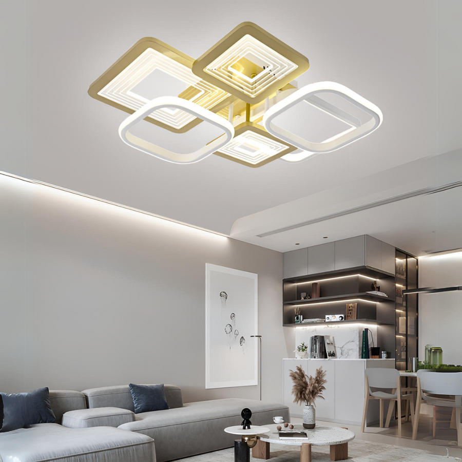 Lustra LED RFAN, Model R9038, cu Telecomanda, 3 Tipuri de Lumina, Intensitate Reglabila, 176W, Auriu