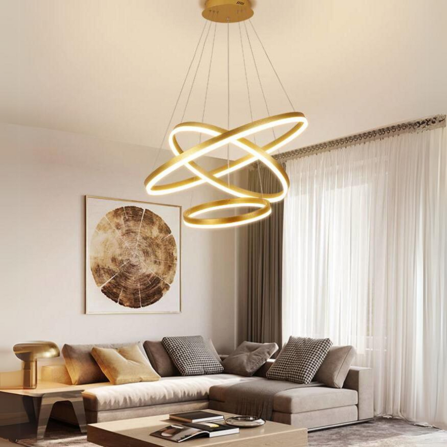 Lustra LED Tip Pendul RFAN, Model F203/3, cu Telecomanda, 3 Tipuri de Lumina, Inaltime Reglabila, 160W, Auriu