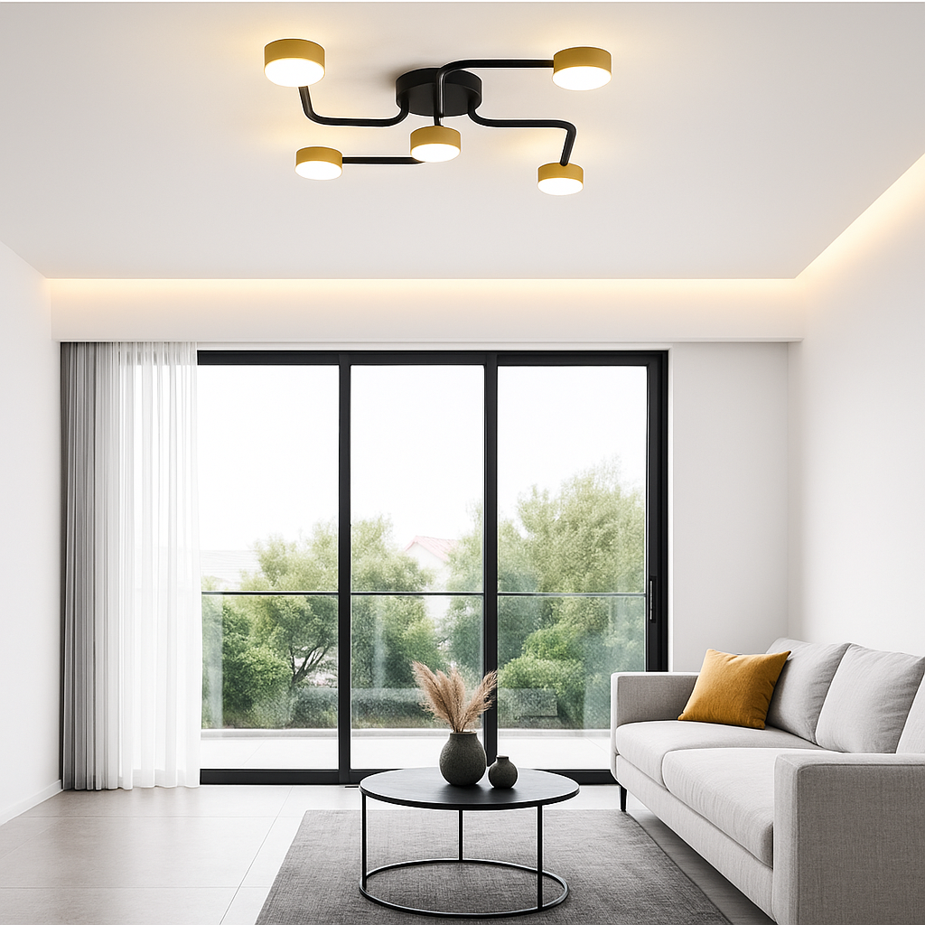 Lustră LED RFAN, Model X80028-5, 5 Brațe, Soclu GX53, 5x9W, Montaj Aplicat, Negru cu Detalii Aurii, Design Modern, Ø55 cm