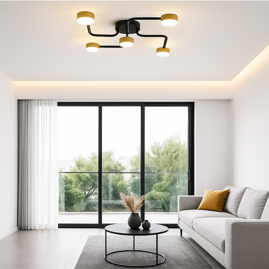 Lustră LED RFAN, Model X80028-5, 5 Brațe, Soclu GX53, 5x9W, Montaj Aplicat, Negru cu Detalii Aurii, Design Modern, Ø55 cm