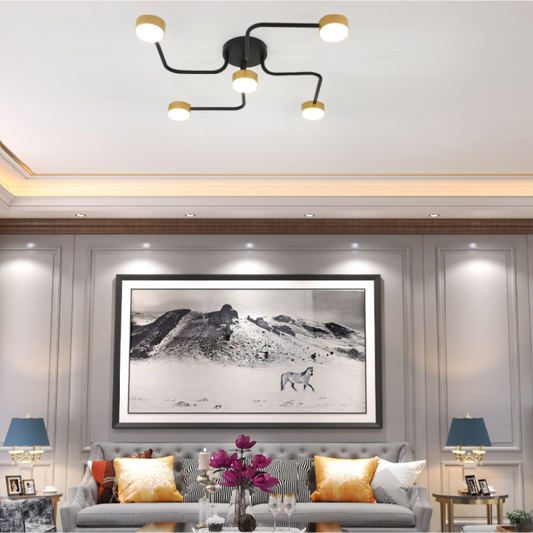 Lustră LED RFAN, Model X80028-5, 5 Brațe, Soclu GX53, 5x9W, Montaj Aplicat, Negru cu Detalii Aurii, Design Modern, Ø55 cm 1