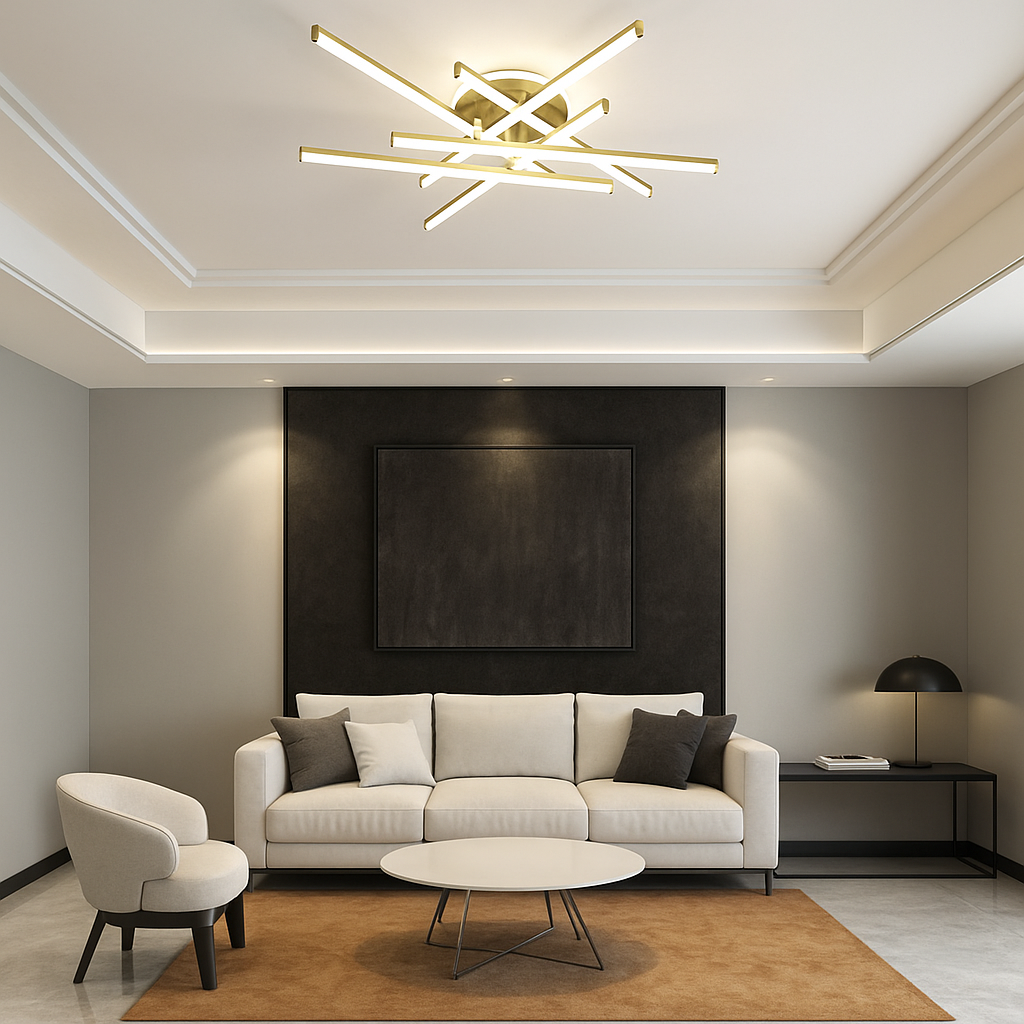 Lustra LED RFAN, Model FX60332-6B+1, cu Telecomanda, 3 Tipuri de Lumina, Intensitate Reglabila, 98W, Auriu