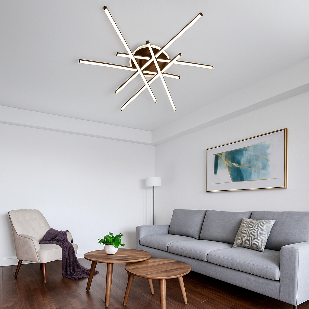 Lustra LED RFAN, Model FX60332-6B+1, cu Telecomanda, 3 Tipuri de Lumina, Intensitate Reglabila, 98W, Coffee