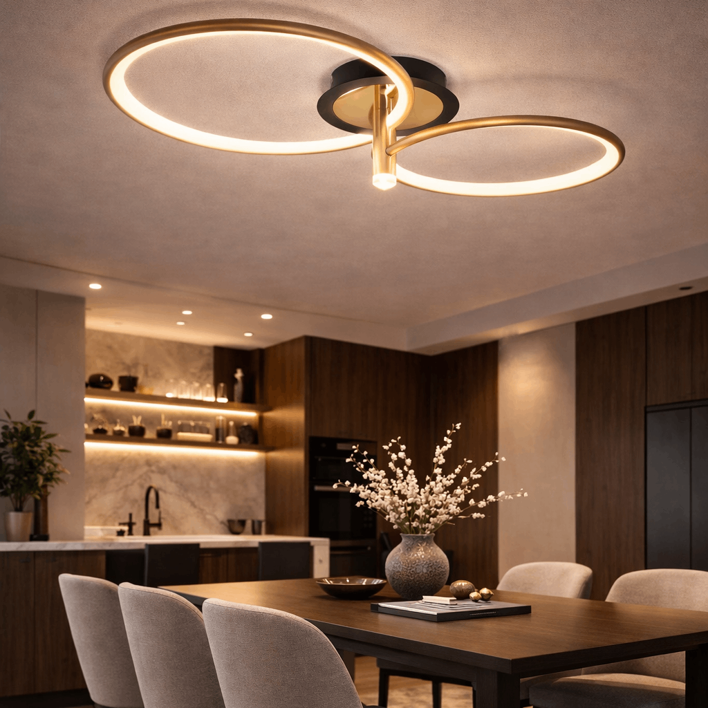 Lustra LED RFAN, Model HX80001-2, Cu Telecomanda, 3 Tipuri De Lumina, Intensitate Reglabila, 53W, Negru/Auriu