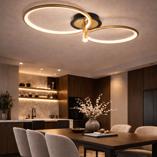 Lustra LED RFAN, Model HX80001-2, Cu Telecomanda, 3 Tipuri De Lumina, Intensitate Reglabila, 53W, Negru/Auriu