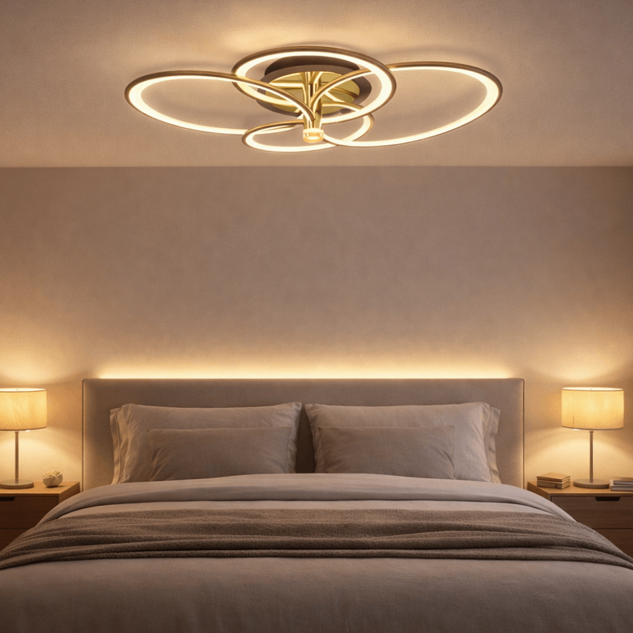 Lustra LED RFAN, Model HX80003-4, Cu Telecomanda, 3 Tipuri De Lumina, Intensitate Reglabila, 103W, Negru/Auriu 1