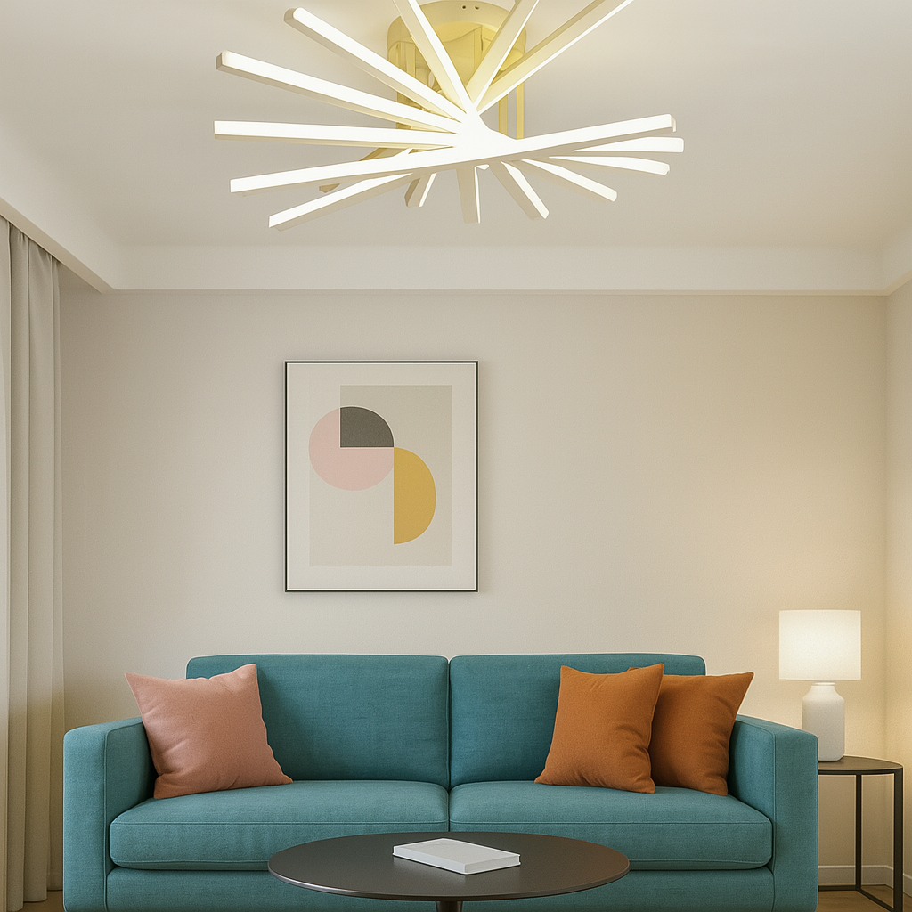 Lustra LED RFAN, Model JX630116-9, cu Telecomanda, 3 Tipuri de Lumina, Intensitate Reglabila, 164W, Auriu