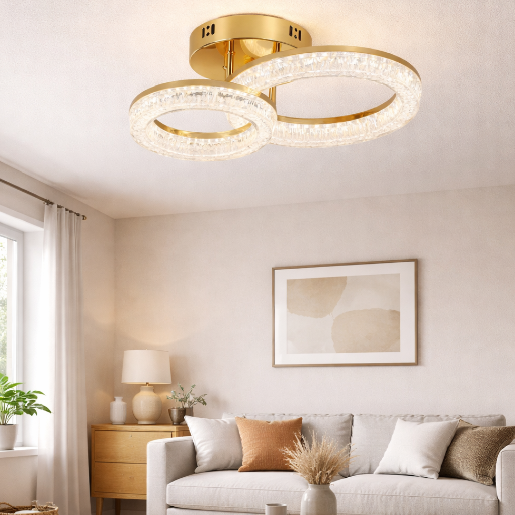 Lustra LED RFAN, Model K3536/1+1GD, Cu Telecomanda, 3 Tipuri De Lumina, Intensitate Reglabila, 80W, Auriu