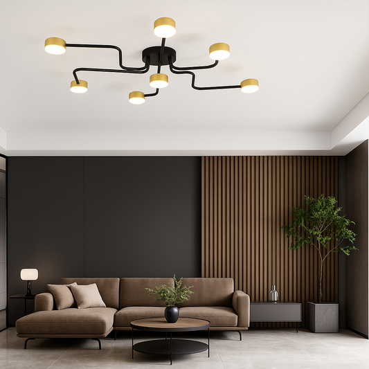 Lustra LED RFAN, Model X80028-7, 7 Brațe, Soclu GX53, 7x9W, Montaj Aplicat, Negru cu Detalii Aurii, Design Modern, 96x67 cm