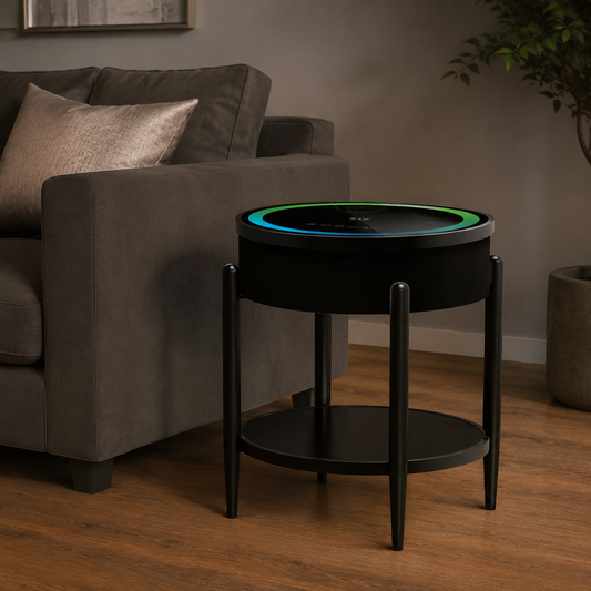Masuta rotunda smart QMS-7 cu boxa Bluetooth 65W, incarcare wireless, USB-C, TWS si iluminare LED RGB, neagra