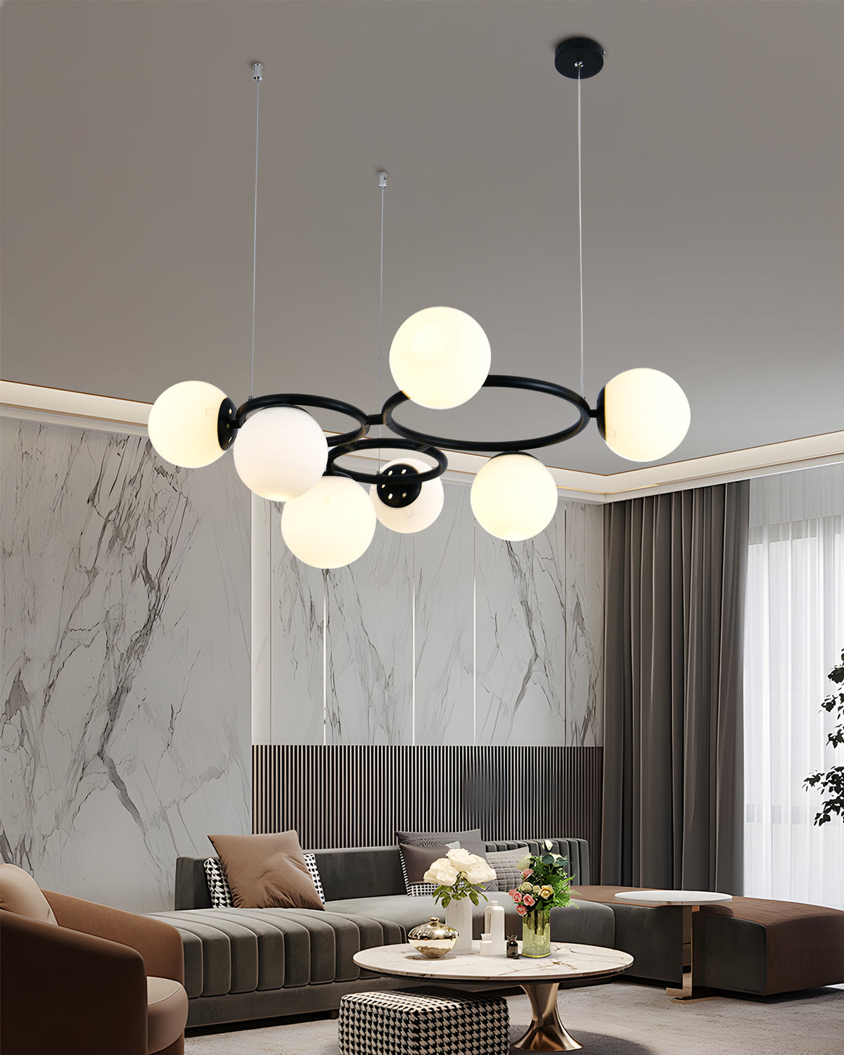 Pendul RFAN, Model N6805-7, Cu 7 Abajururi, 7 x E27, Inaltime Reglabila, Negru/Alb