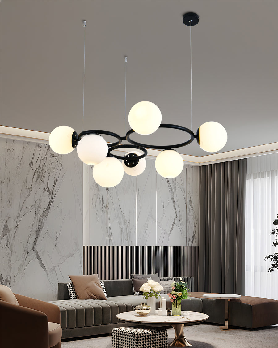 Pendul RFAN, Model N6805-7, Cu 7 Abajururi, 7 x E27, Inaltime Reglabila, Negru/Alb