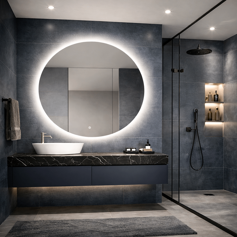 Oglinda LED Rotunda Premium 100×100 cm, Lumina Spate, 3 Tipuri de Lumina – Calda, Rece, Neutra