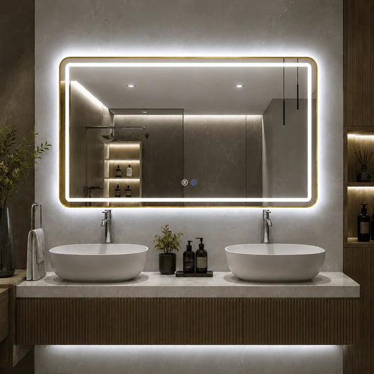 Oglinda LED 100×80 cm, Dezaburire, 3 Tipuri de Lumina, Touch, IP65, cu Rama Auriu Periat