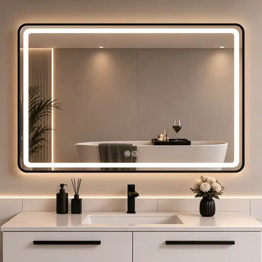 Oglindă LED 100×80 cm cu Ramă Neagră, Shark Design, Iluminare Față + Spate, Dezaburire, Touch, 3 Tipuri de Lumină, IP65