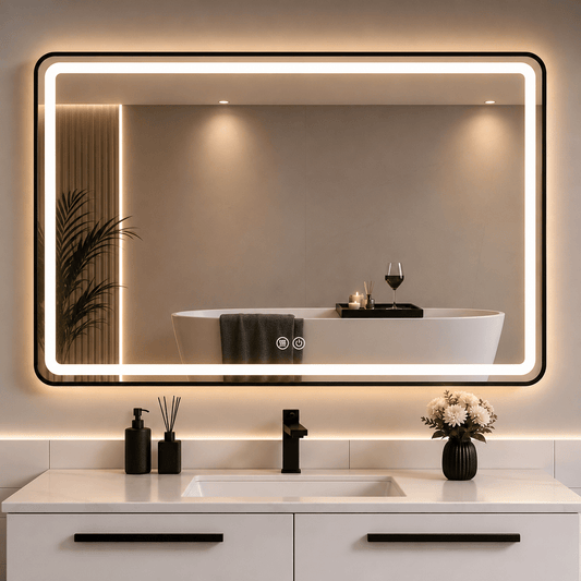 Oglindă LED 110×70 cm, cu Ramă Neagră , Dezaburire, 3 Tipuri de Lumină, Touch, Model Sharky Design Black