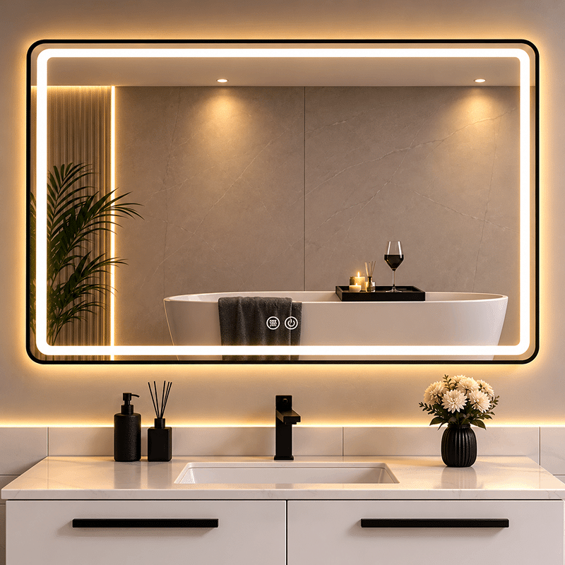 Oglinda LED 110×70 cm, cu Rama Neagra , Dezaburire, 3 Tipuri de Lumina, Touch, Model Sharky Design Black