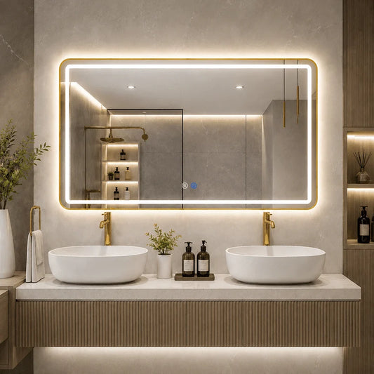 Oglinda LED 110×70 cm, Dezaburire, 3 Tipuri de Lumina, Touch, IP65, cu Rama Auriu Periat