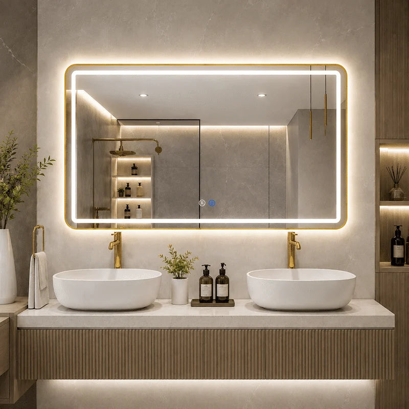Oglinda LED 110×70 cm, Dezaburire, 3 Tipuri de Lumina, Touch, IP65, cu Rama Auriu Periat