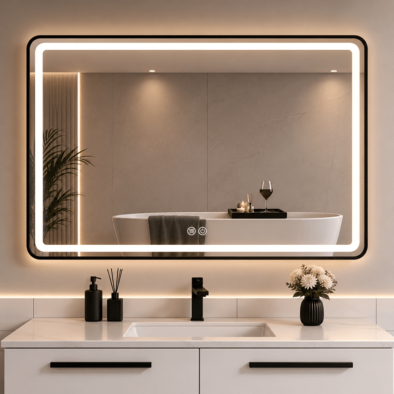 Oglinda LED 120×80 cm, cu Rama Neagra , Dezaburire, 3 Tipuri de Lumina, Touch, Model Sharky Design