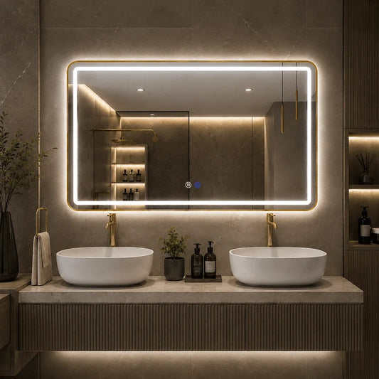 Oglinda LED 120×80 cm, Dezaburire, 3 Tipuri de Lumina, Touch, IP65, cu Rama Auriu Periat