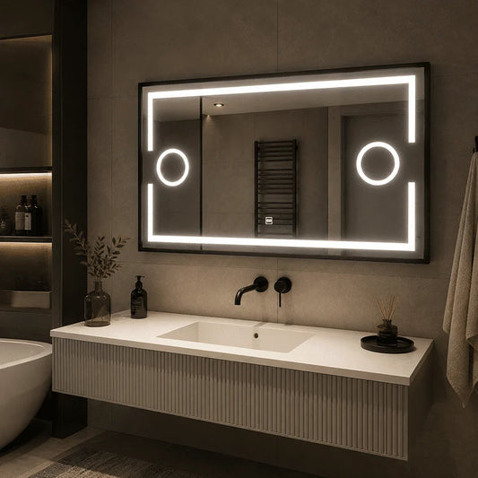 Oglinda LED 120×80 cm, 2 Lupe Cosmetice Iluminate LED, Iluminare Spate, Dezaburire, Touch, 3 Tipuri de Lumină, IP65, cu Rama Neagra