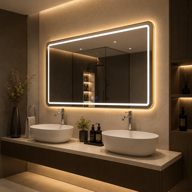 Oglinda LED 150×80 cm cu Rama Auriu Periat, Model Shark Design, Dezaburire, 3 Tipuri de Lumina, Touch, IP65
